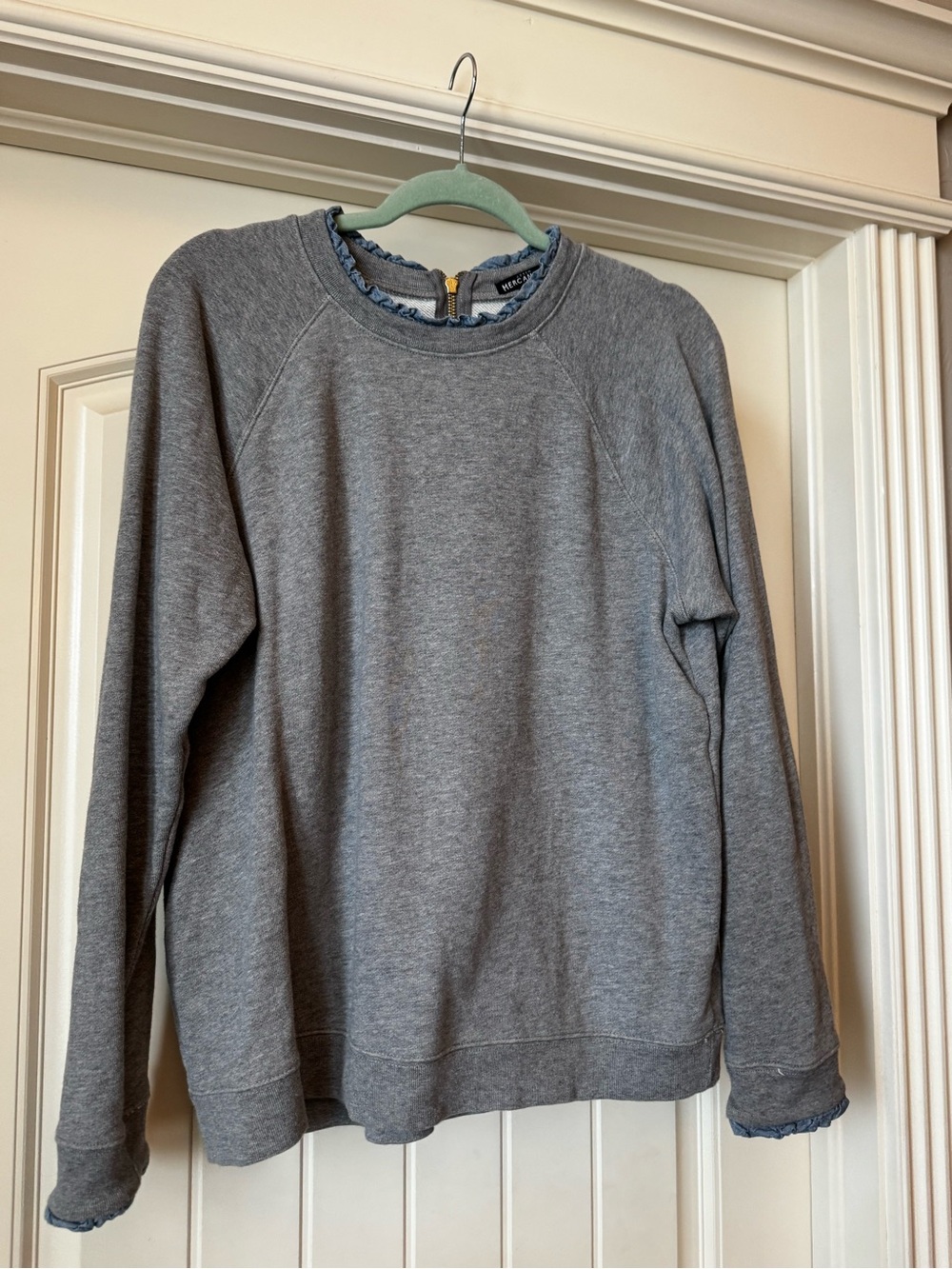 Jcrew Mercantile Heather Gray Crewneck Sweatshirt with blue ruffle trim
